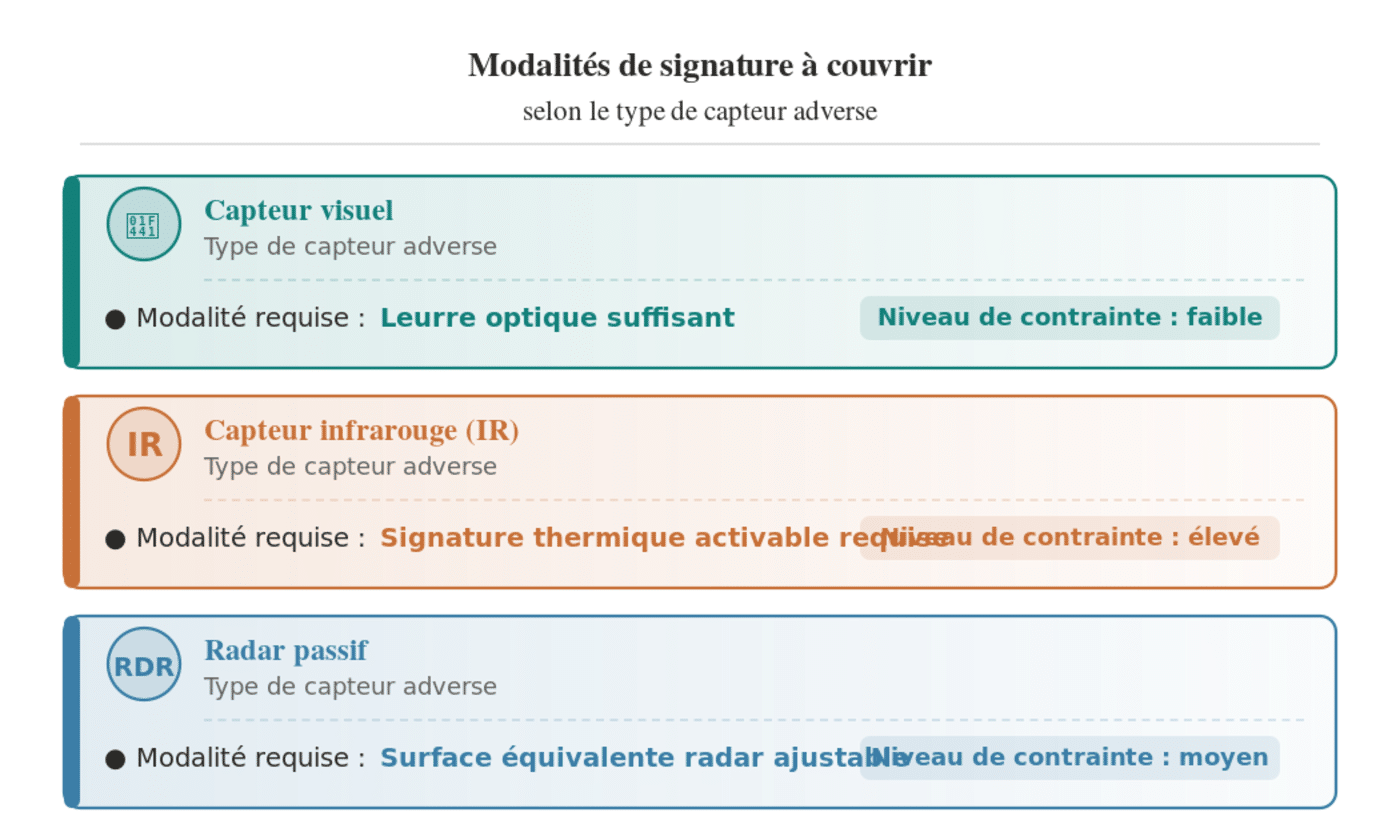 Modalités de signature à couvrir selon le type de capteur adverse